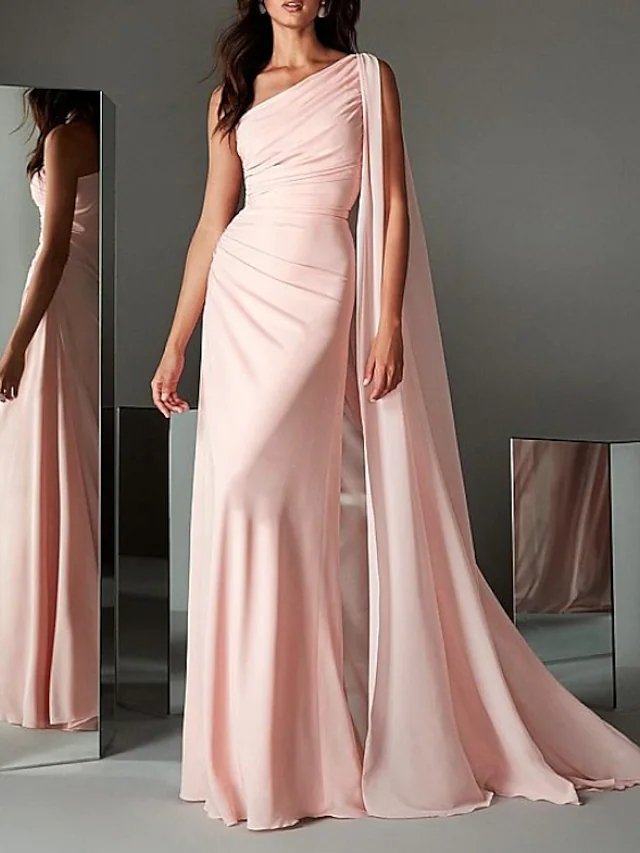 Sheath / Column Minimalist Elegant Engagement Formal Evening Dress One Shoulder Sleeveless Sweep / Brush Train Chiffon with Sleek