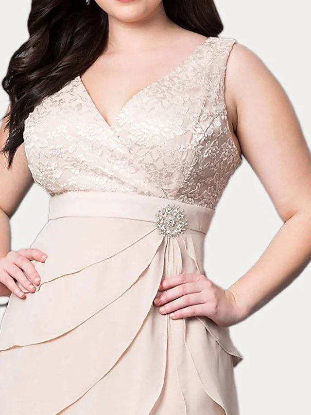 Two Piece Sheath / Column Mother of the Bride Dress Elegant V Neck Knee Length Chiffon Lace 3/4 Length Sleeve with Embroidery Cascading Ruffles