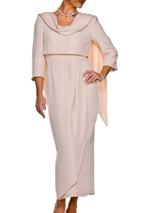 Two Piece Sheath / Column Mother of the Bride Dress Elegant Square Neck Ankle Length Stretch Fabric Sleeveless with Buttons Pleats