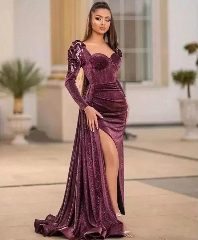 Slit Evening Dresses Mermaid Sweetheart Long Sleeves Velvet Long Turkey Dubai Saudi Arabic Evening Gown Prom Dresses