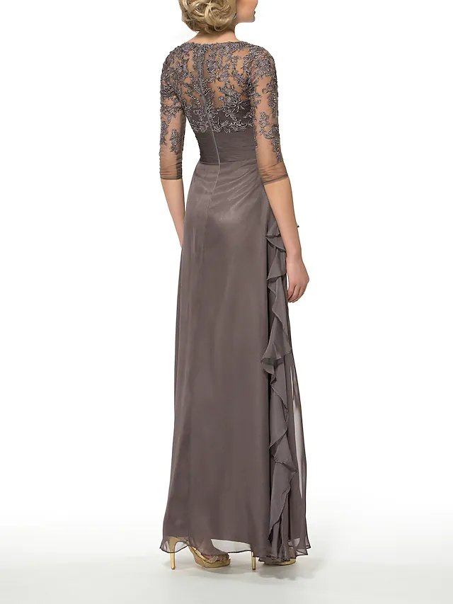 Sheath / Column Mother of the Bride Dress Elegant V Neck Floor Length Chiffon Lace Half Sleeve with Draping Appliques