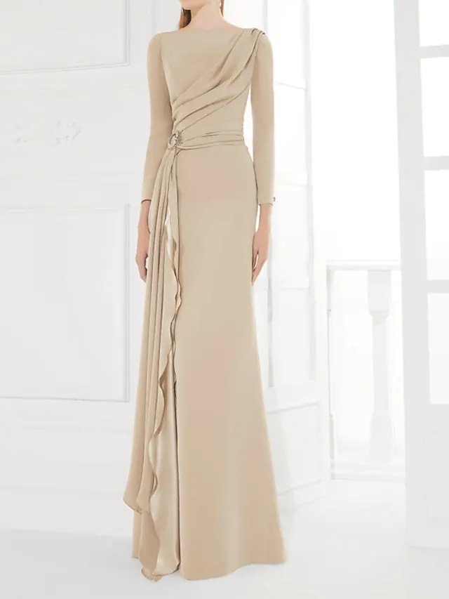 Sheath / Column Mother of the Bride Dress Elegant Jewel Neck Floor Length Chiffon Satin 3/4 Length Sleeve with Pleats Ruching