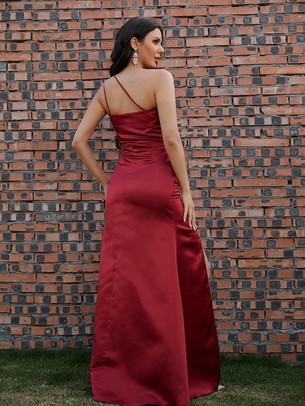 Sheath/Column Satin Ruched One-Shoulder Sleeveless Floor-Length Dresses