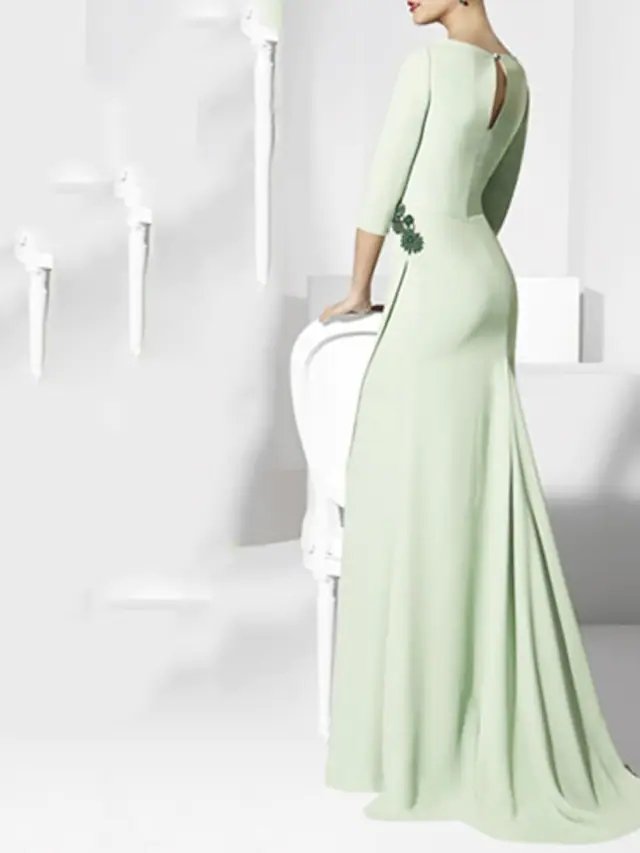 Sheath / Column Mother of the Bride Dress Elegant V Neck Sweep / Brush Train Chiffon 3/4 Length Sleeve with Sash / Ribbon