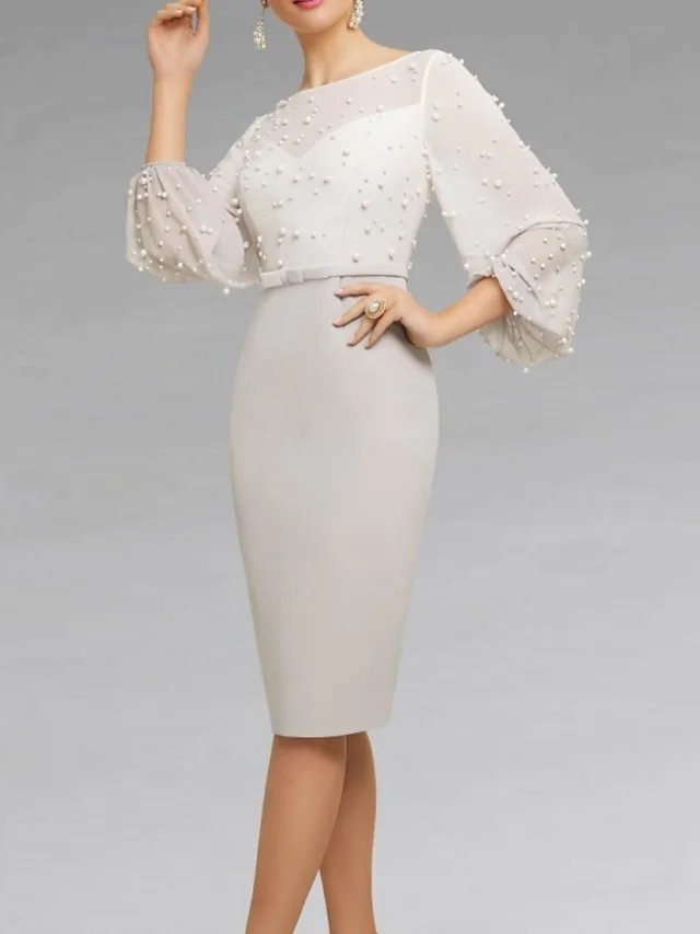 Sheath / Column Mother of the Bride Dress Elegant Jewel Neck Knee Length Chiffon 3/4 Length Sleeve with Sash / Ribbon Beading