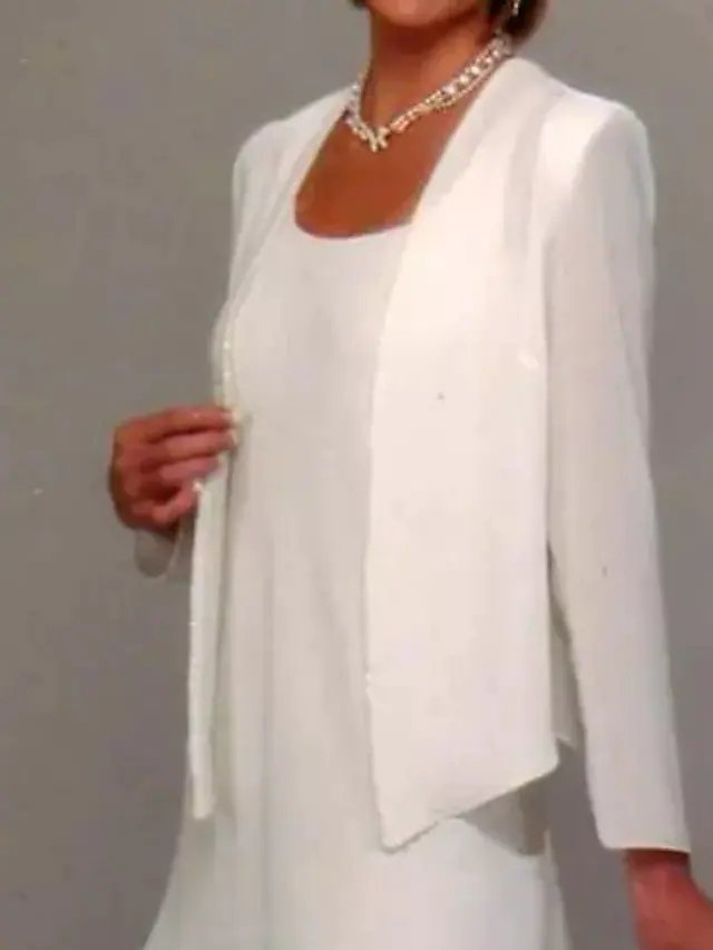 Sheath / Column Mother of the Bride Dress Elegant Jewel Neck Knee Length Chiffon Long Sleeve with Ruffles
